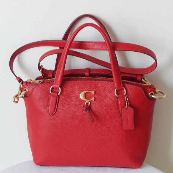 NEW COACH REMI Pebbled Leather Three Compartments Satchel Top Handle Bag in RED - Picture 4 of 7